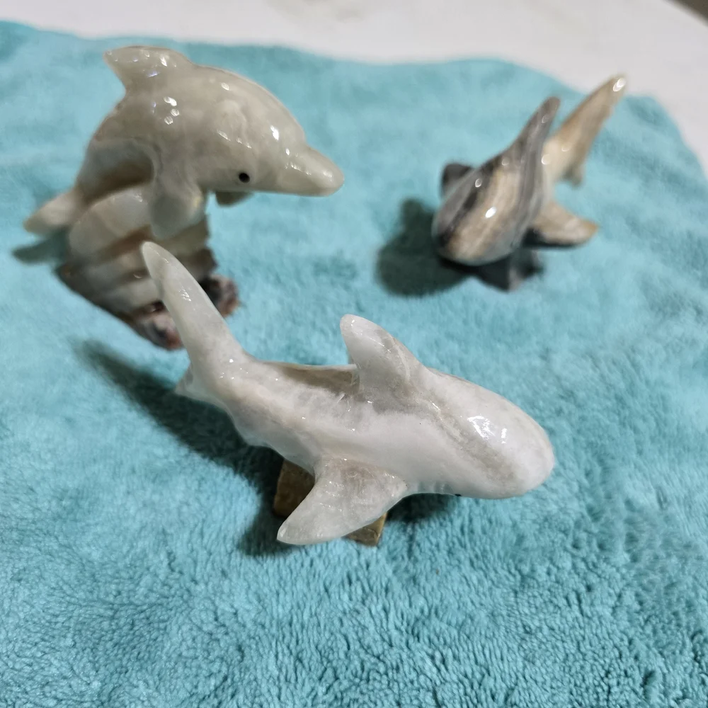 Grey and White Marble Carved Shark And Dolphins.